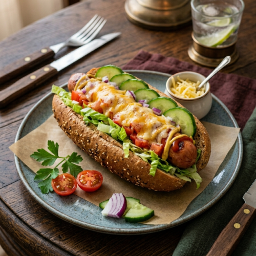 Fresh Veggies Hot Dog With Cheese